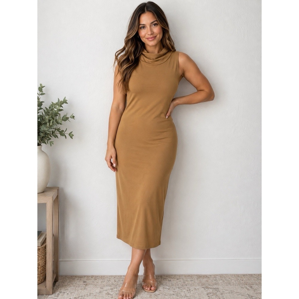 Lulus Tan Mock Neck Sleeveless Maxi Dress Stretch Knit Womens Large 3352